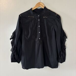 J. Crew Womens Black Top Crochet Accents Ruffle Neckline Sz Medium